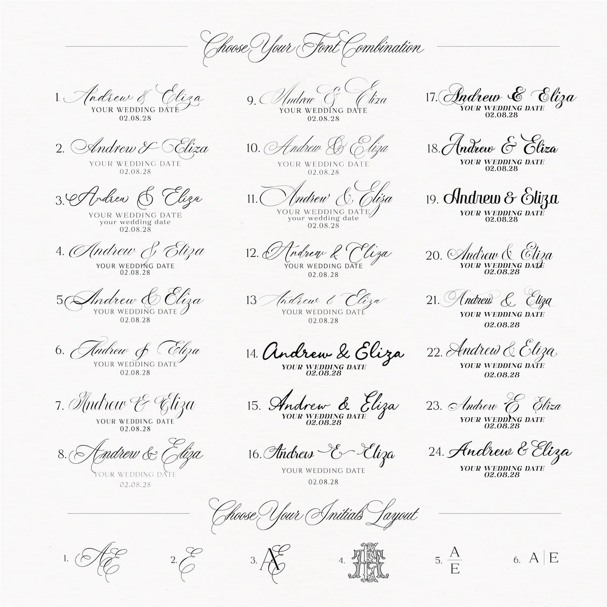 A wedding invitation card template featuring elegant cursive typography on a light cream background. The design includes sections for 'Choose Your First Combination' with numbered options from A to Z, 'Choose Your Initials Layout' with monogram choices, and 'To Be' text placeholders.
