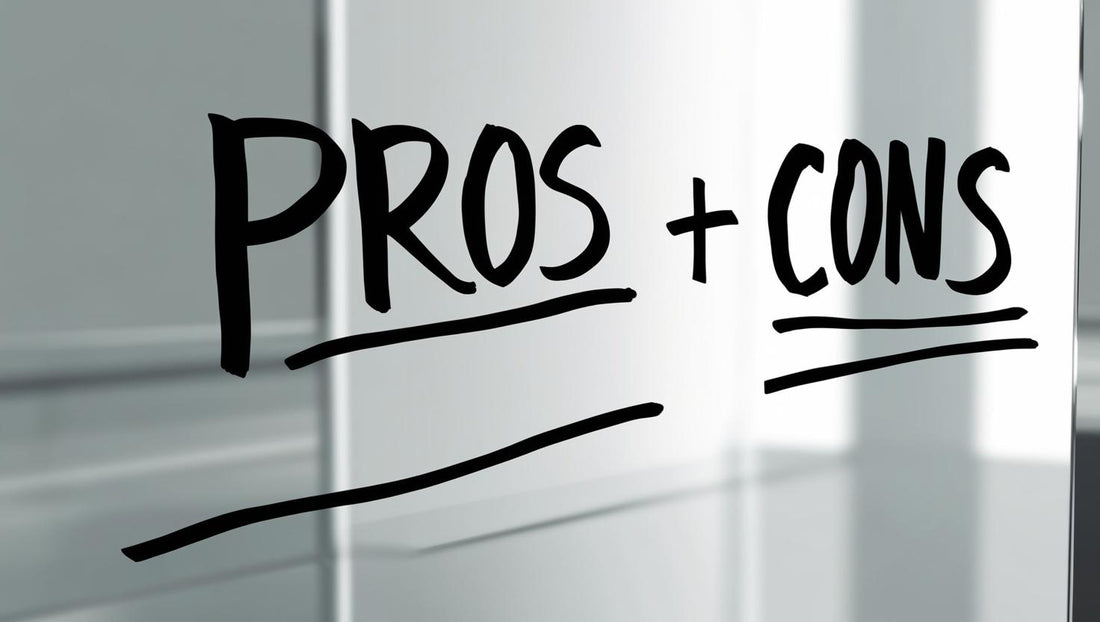 Studio whiteboard with large, bold letters displaying pros and cons in a clear, easy-to-read format