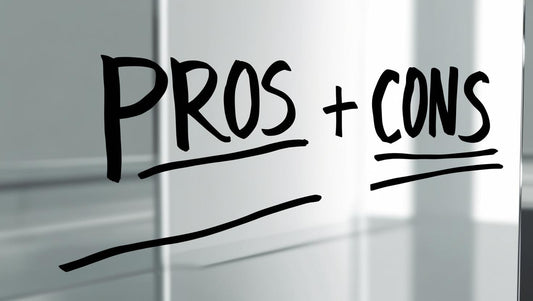 Studio whiteboard with large, bold letters displaying pros and cons in a clear, easy-to-read format