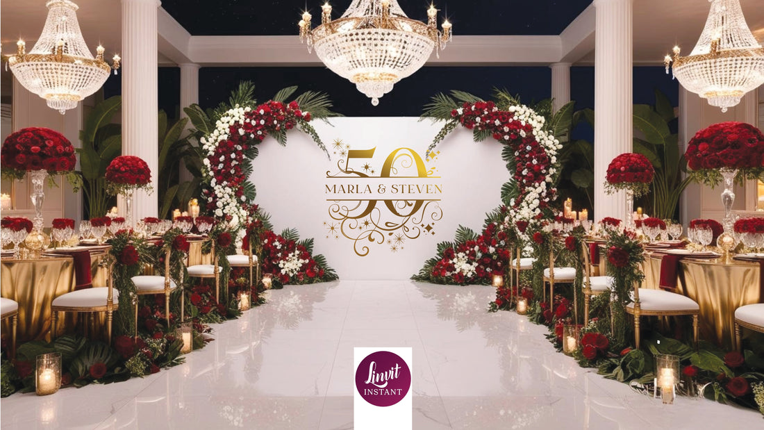 Luxury posh anniversary wedding decor featuring elegant rose and gold accents, with a large split anniversary logo in shimmering gold displaying the couple’s names.