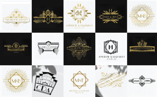Elegant wedding monogram logos in various Art Deco styles featuring gold accents and bold lines