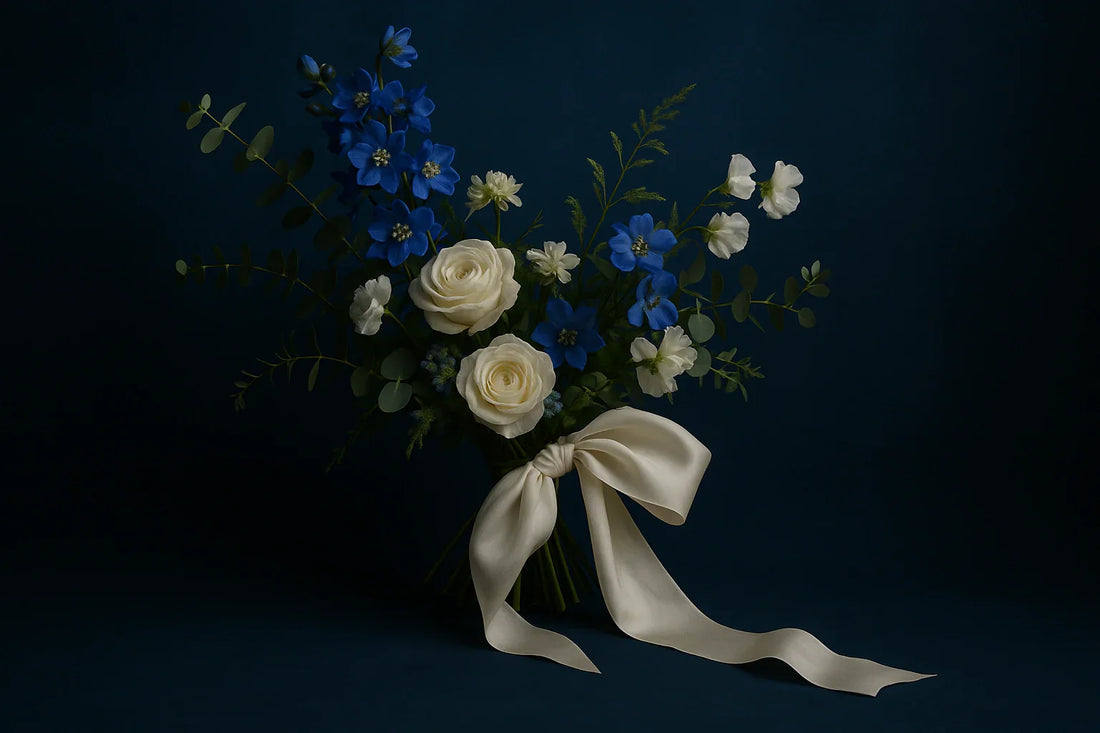 Asymmetrical luxury bridal bouquet featuring blue delphiniums, white roses, and delicate white blooms, tied with a prominent silky ivory ribbon. 