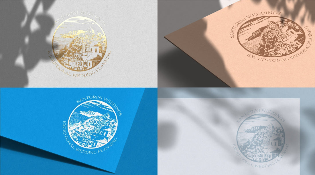 Destination wedding logo ideas in badge style inspired by Santorini, featuring elegant mockups on vibrant colorful backgrounds—perfect for beach weddings and Mediterranean themes