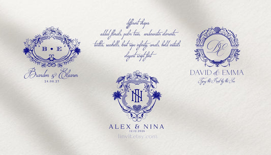 Tropical wedding logo design featuring beach wedding elements in navy color, ideal for coastal weddings on a white background.