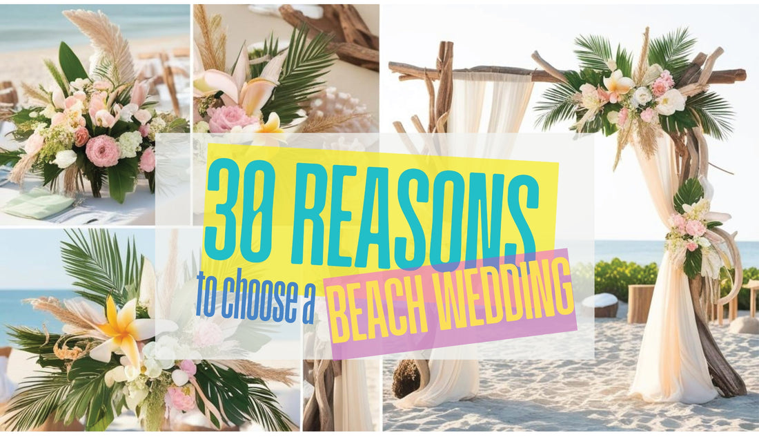 Infographic listing 30 reasons to choose a beach wedding with coastal-inspired visuals
