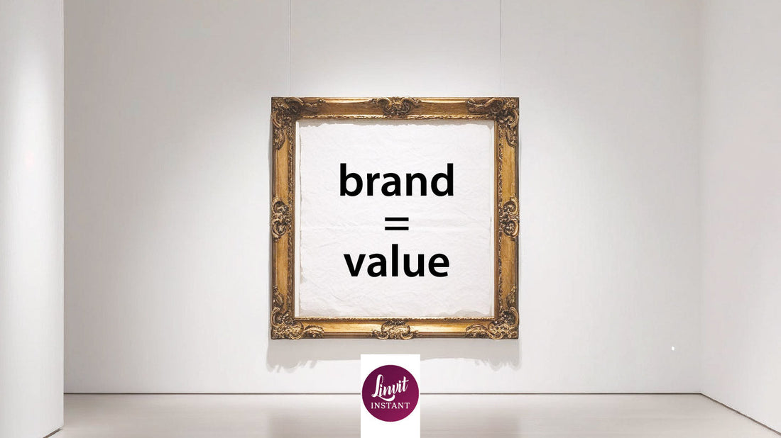 Gold frame in a minimalist art gallery featuring black and white text 'Brand Equals Value,' symbolizing luxury, simplicity, and modern brand identity.