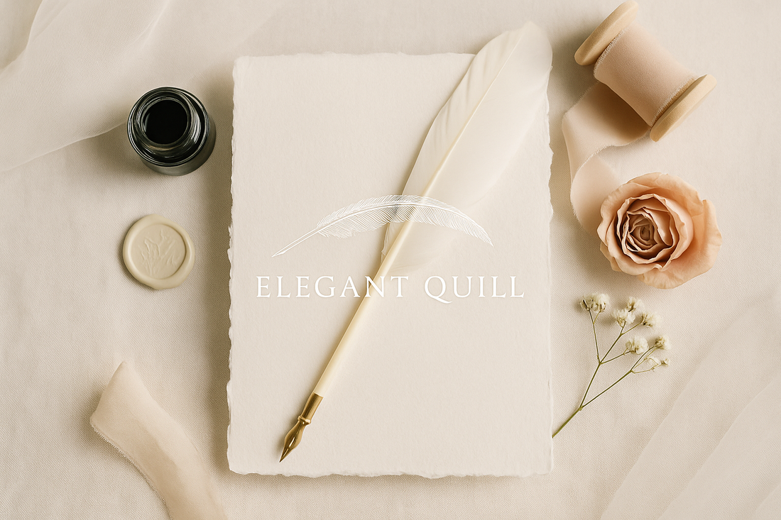 Flat lay featuring Elegant Quill wedding logo on handmade cotton paper with gold quill pen, silk ribbon spool, wax seal, and blush rose — perfect for fine art wedding branding 