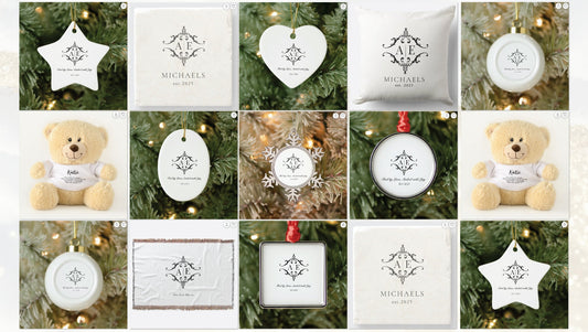 Top personalized Christmas gifts on Zazzle including custom ornaments, anniversary gifts, drink coasters, cozy blankets, and throw pillows in various shapes like star, heart, and oval