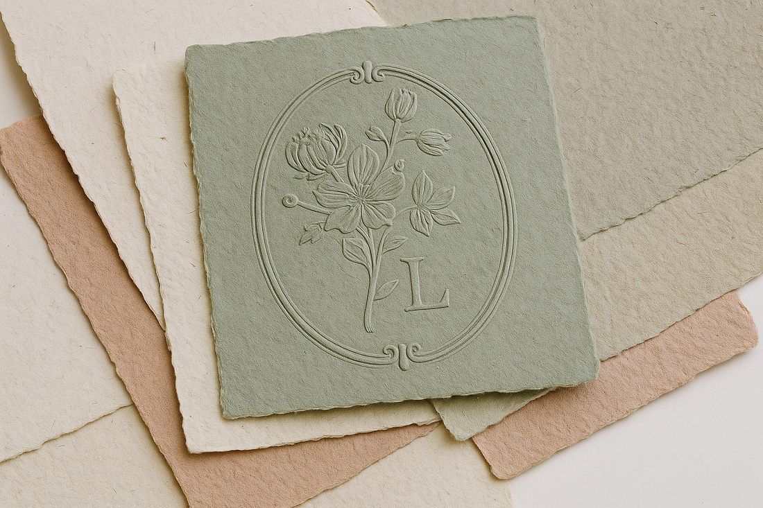 Fine art floral botanical wedding monogram crest debossed on ivory handmade cotton paper with natural deckled edges — LinvitInstant luxury stationery