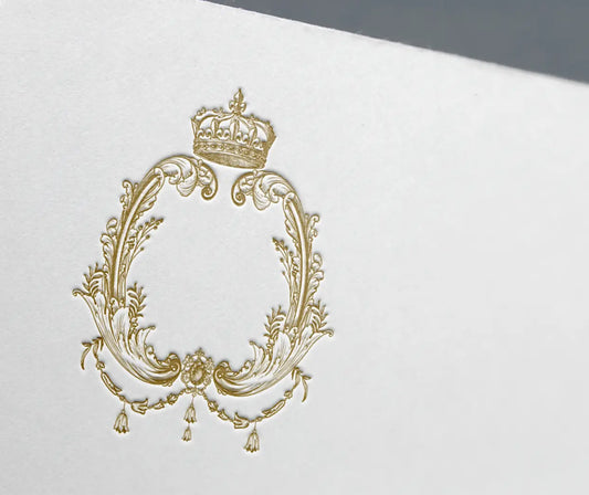 Royal vintage baroque wedding logo with ornate luxury crest and fine art gold detailing, perfect for elegant wedding stationery and regal invitations