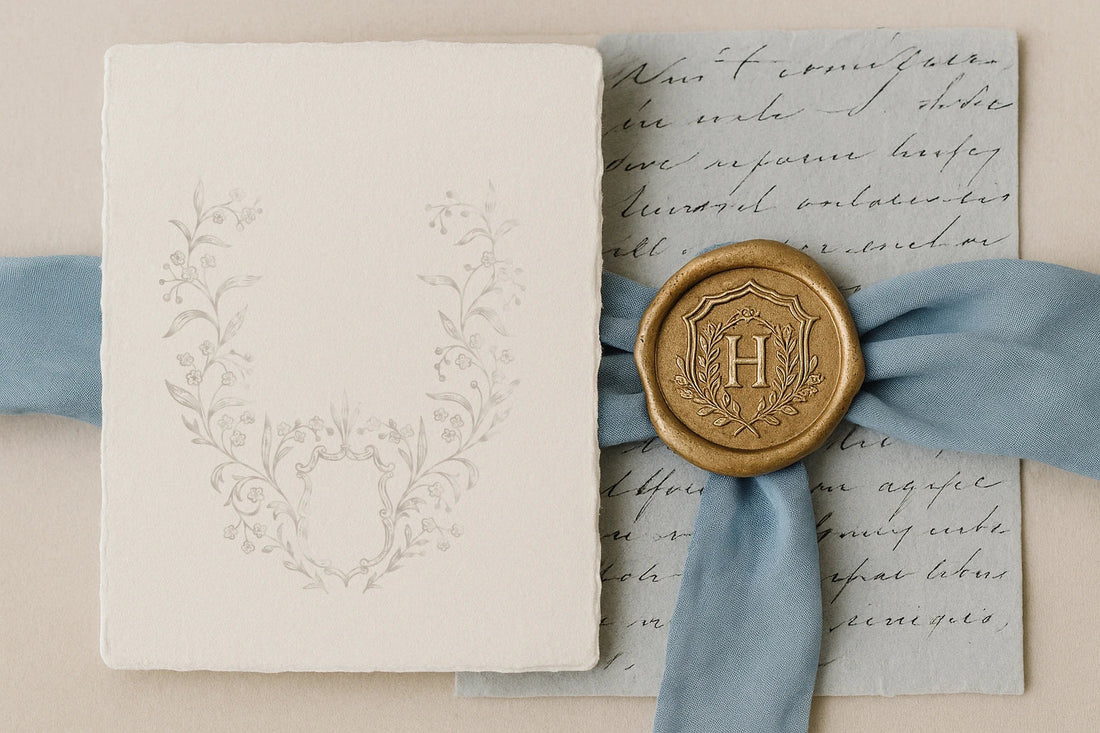  a fine art wedding logo with a hand-drawn monogram crest embossed on a textured white card, adorned with a blue ribbon and a gold wax seal. This luxury crest monogram design showcases elegant wedding crest styling and romantic fine art stationery.
