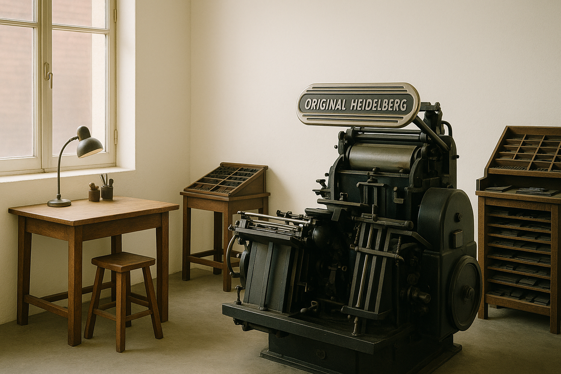 Fine art wedding invitation studio using a Heidelberg letterpress machine to print luxury invitations on handmade cotton paper