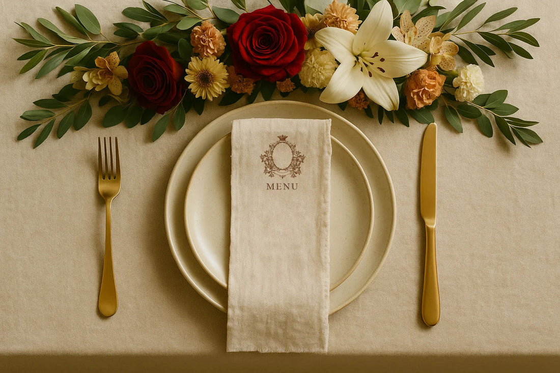Elegant fine art wedding table setting with ivory ceramic plates, gold cutlery, and a linen-textured silk menu draped vertically.
