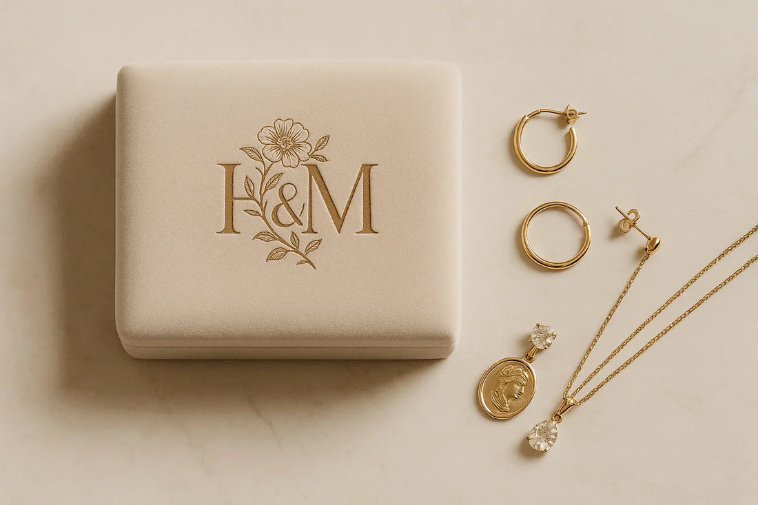 Elegant beige velvet jewelry box embossed with a floral monogram, styled in a luxury flatlay on ivory stone with gold hoop earrings, a pendant necklace, and a solitaire ring — softly lit in natural light.