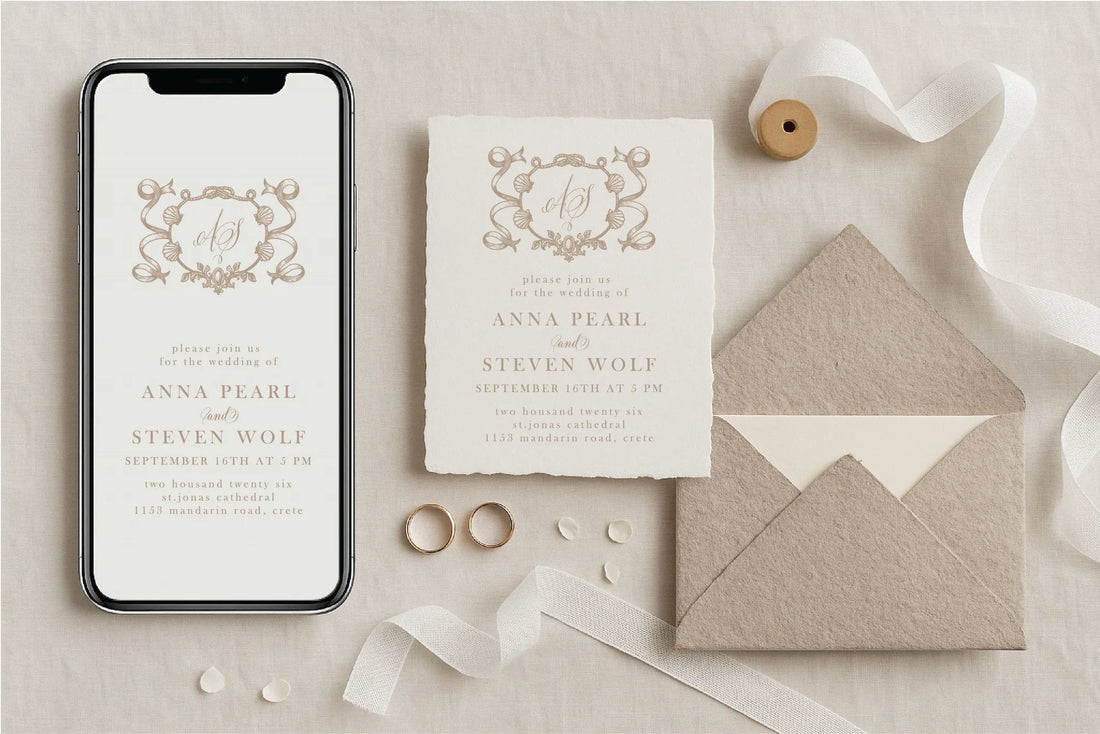Flatlay showing a fine art wedding invitation printed on handmade deckled-edge paper and its matching digital version displayed on a phone screen. includes a luxury monogram crest -linvitinstant