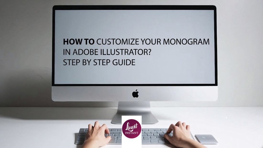Large desktop screen displaying the title 'How to Customize Your Monogram in Adobe Illustrator' with a design workspace open.