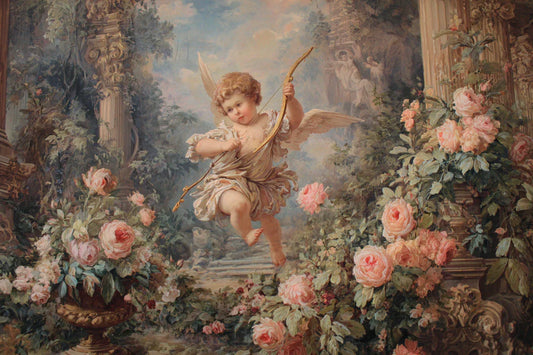 Fine art Rococo monogram with cherub, ornate columns, and pastel roses, elegant luxury wedding logo inspiration for LinvitInstant fine art wedding paperie