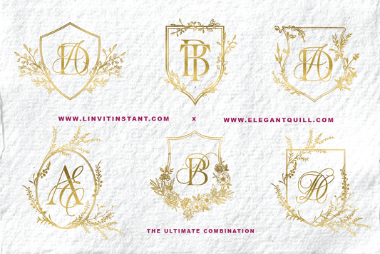 romantic floral crest logo with soft botanical details, elegant wedding crest design, gold foiled on handmade paper
