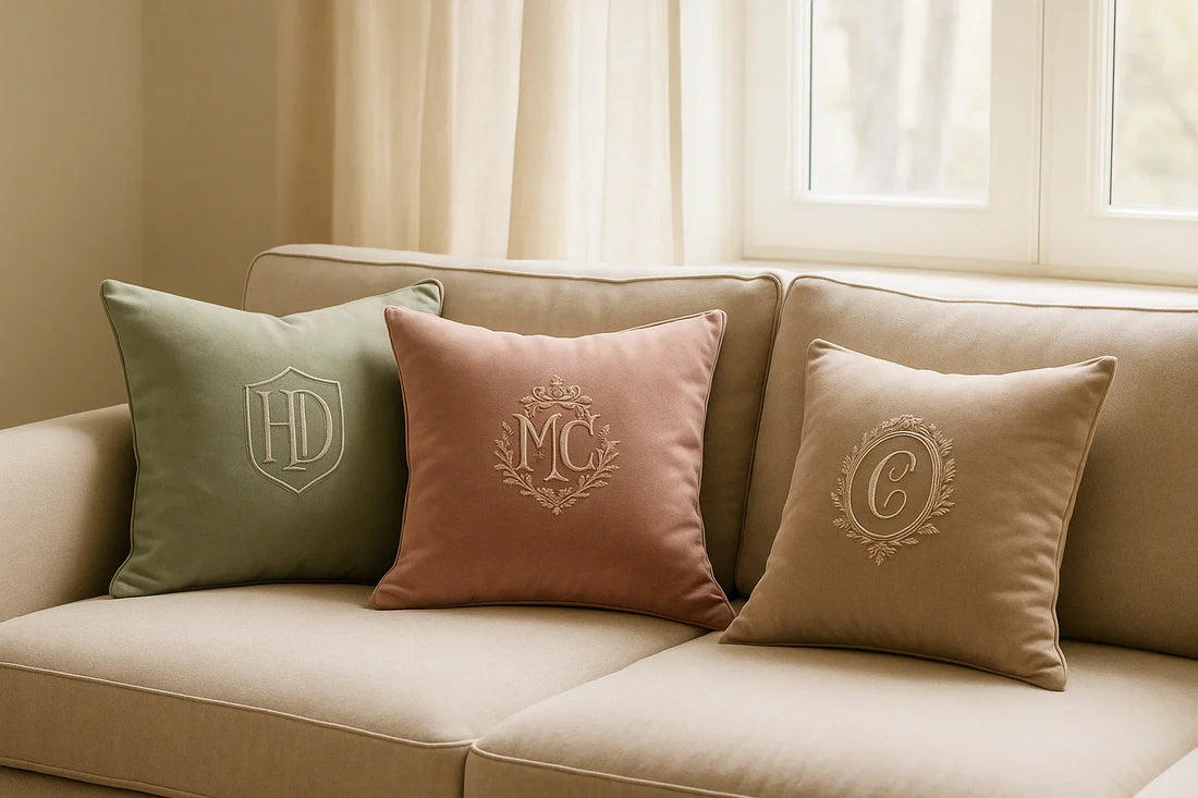  wedding monogram pillows by linvitinstant featuring embroidered crest logos in sage green, dusty rose, and taupe — styled on a fine art beige linen couch in a softly lit living room. 