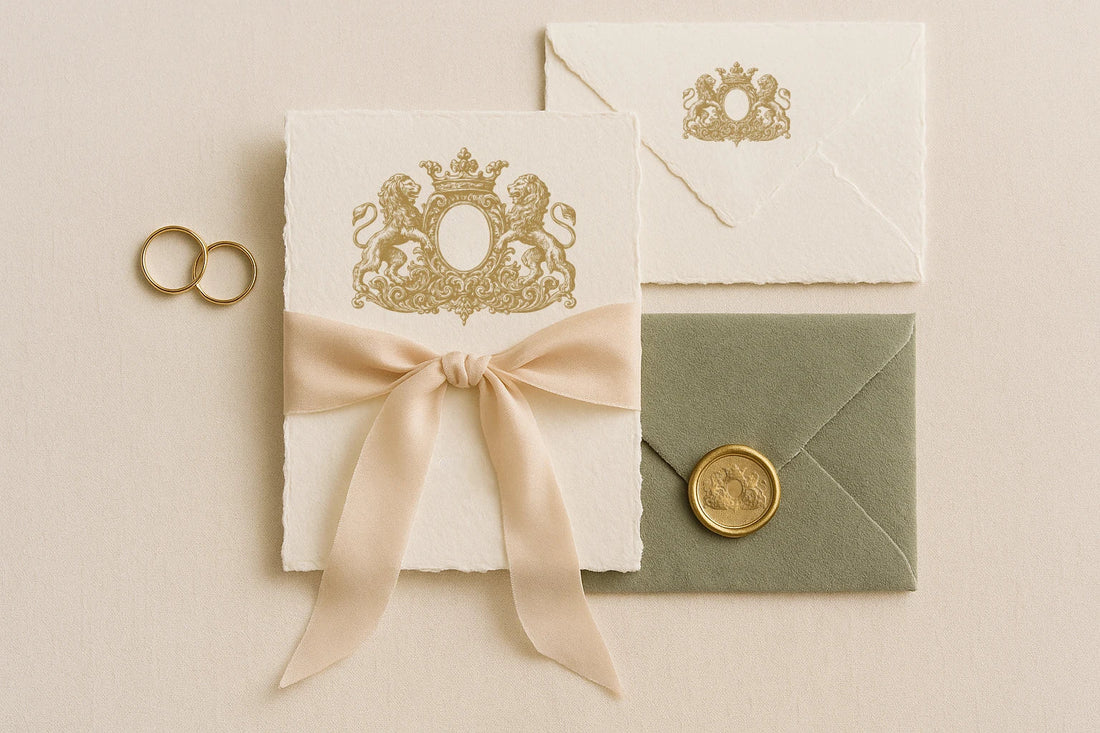 Luxury wedding stationery flatlay featuring handmade deckled-edge paper, vellum insert, white envelope with gold lion crest, green velvet envelope with copper wax seal, and dried floral arrangement tied with silk ribbon in natural light.