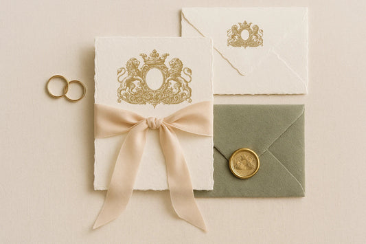 Luxury wedding stationery flatlay featuring handmade deckled-edge paper, vellum insert, white envelope with gold lion crest, green velvet envelope with copper wax seal, and dried floral arrangement tied with silk ribbon in natural light.
