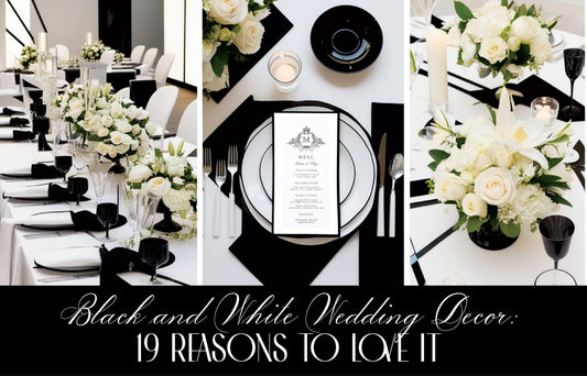 Black and white wedding table setting with an elegant menu card featuring a royal-style wedding monogram at the top