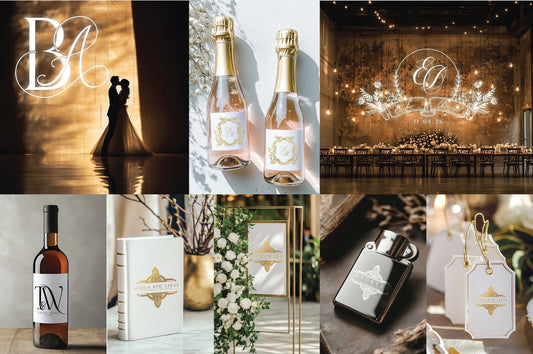 Trending wedding monogram styles in use: minimalist, floral, vintage, art deco, rustic, and line art designs for modern weddings