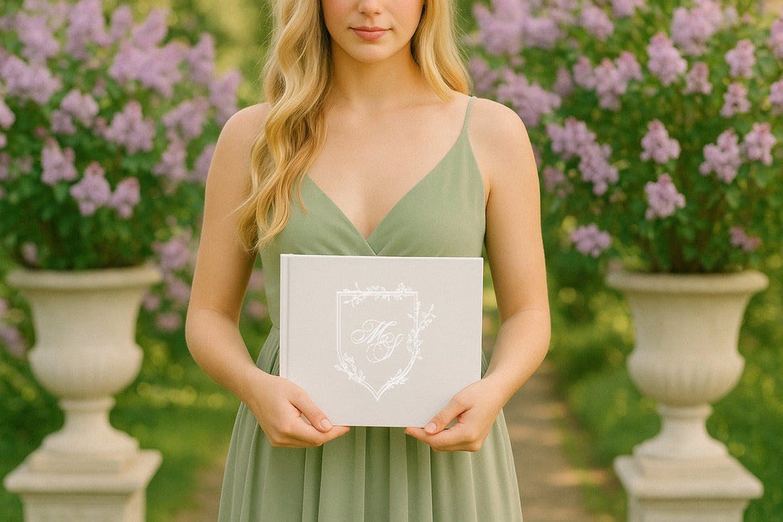 Luxury monogrammed wedding guest book with fine art floral crest held by blonde woman in sage green dress, elegant lilac garden background