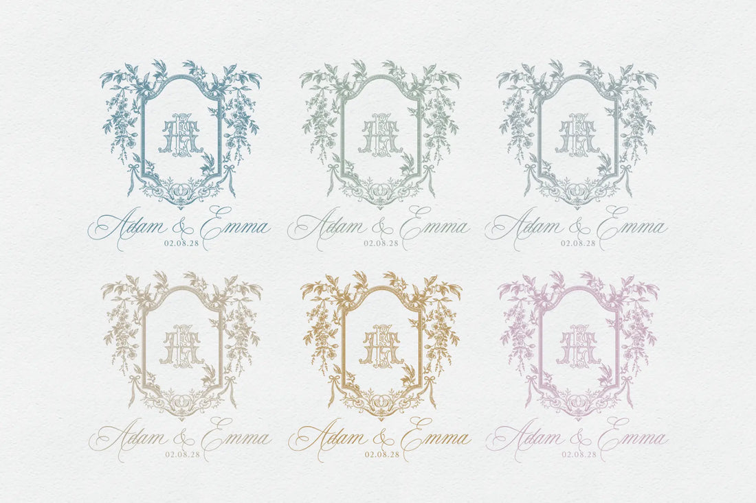 Custom wedding crest logo monogram with elegant botanical floral design, personalized wedding crest emblem