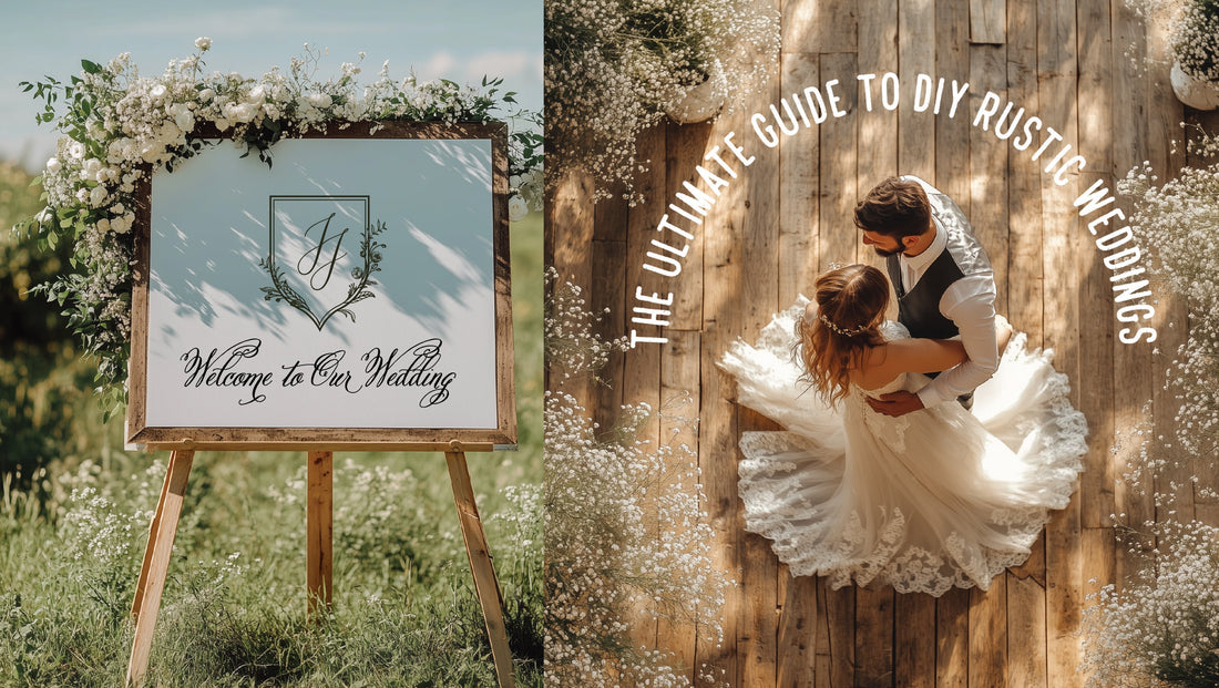 Romantic rustic wedding scene featuring a wooden welcome sign with floral monogram and couple’s first dance