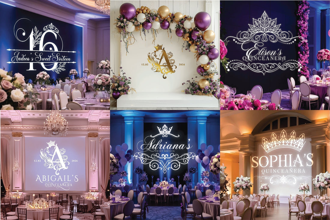 Top Sweet Sixteen and Quinceañera gobo monogram designs projected at different elegant event venues
