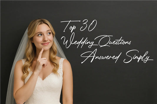 Blonde bride in a lace dress pointing thoughtfully to the side with chalkboard text overlay reading “Top 30 Wedding Questions Answered Simply” – blog cover image for wedding planning advice.
