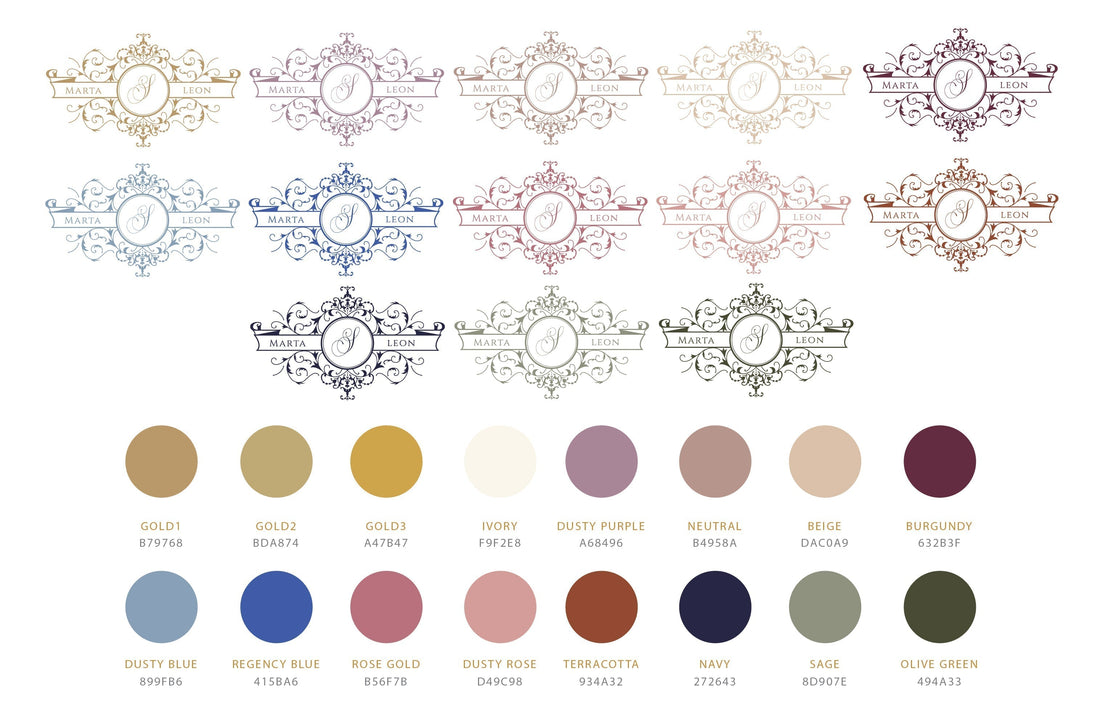 Timeless wedding colors displayed alongside an elegant logo design, featuring gold, navy, dusty rose, dusty purple, neutral, earth tones, burgundy, chinoiserie blue, royal blue, and rose gold
