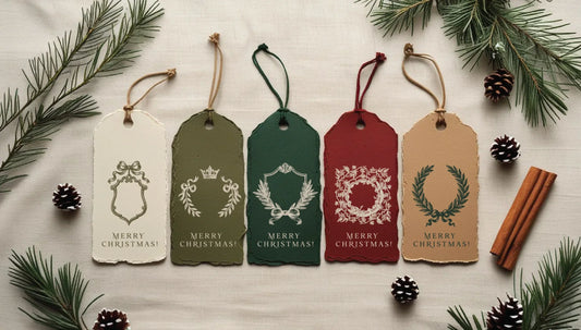 vintage handmade Christmas gift tags in scalloped deckled-edge paper featuring elegant monogram crests with ‘Merry Christmas’ text, displayed in ivory, olive, forest green, crimson, and kraft brown on a festive natural background