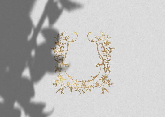 Floral boho wedding logo with elegant gold detailing, perfect for rustic and modern wedding invitations and stationery.