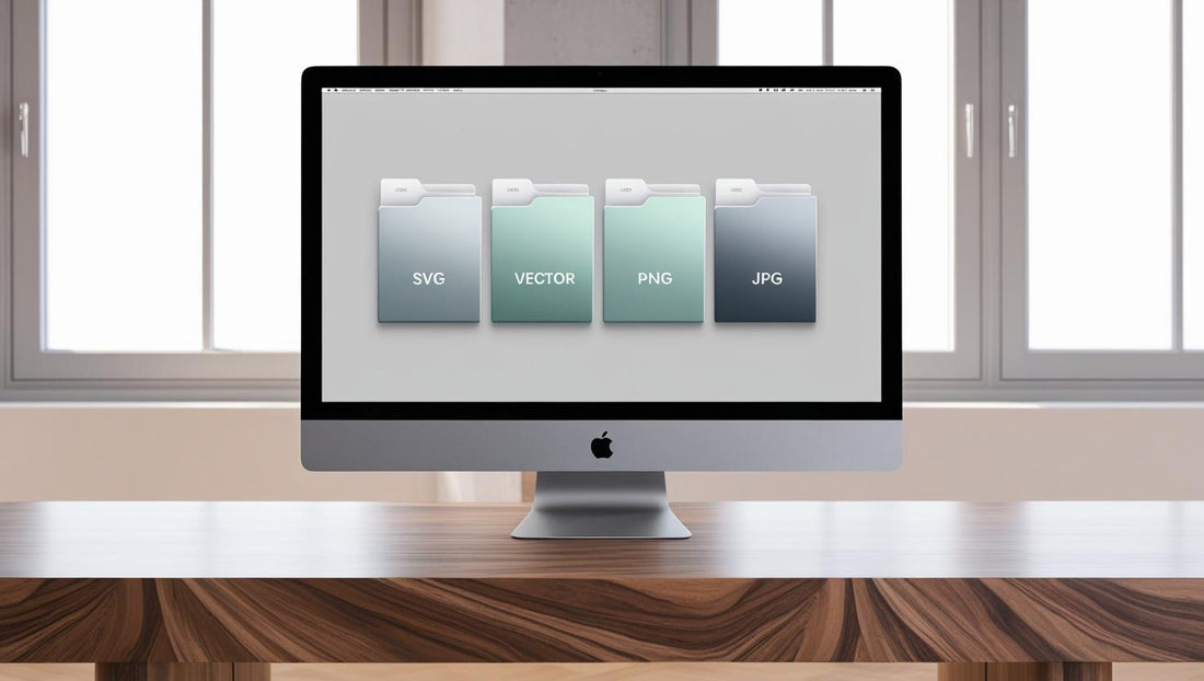 iMac desktop screen displaying four folders labeled SVG, Vector, PNG, and JPG file types for wedding logo designs