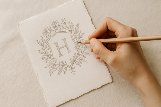 Beautiful line art wedding crest, delicately drawn by a woman in pencil on sketch paper