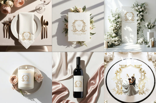 Elegant wedding monogram featured on decor, napkins, handmade paper, signs, favors, candles, wine labels, and dance floor decals