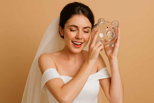 Smiling bride in an off-shoulder dress holding a glass piggy bank to her ear on a blush background – concept image for budget wedding planning blog post.