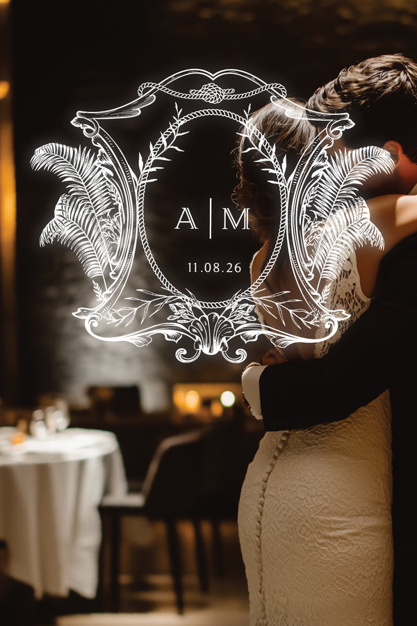 wedding monogram design, wall projection mockup showing the logo displayed with gobo lighting