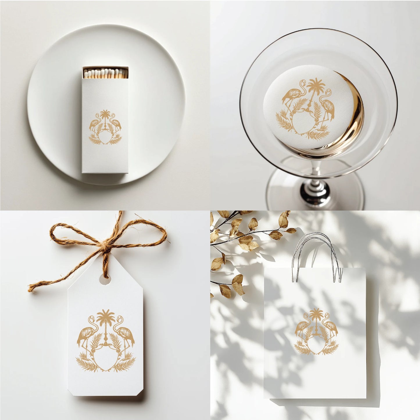 Luxury tropical wedding favors including matchboxes, cocktail stirrers, gift tags, and bags adorned with a golden flamingo crest monogram — ideal for beach or summer weddings.

