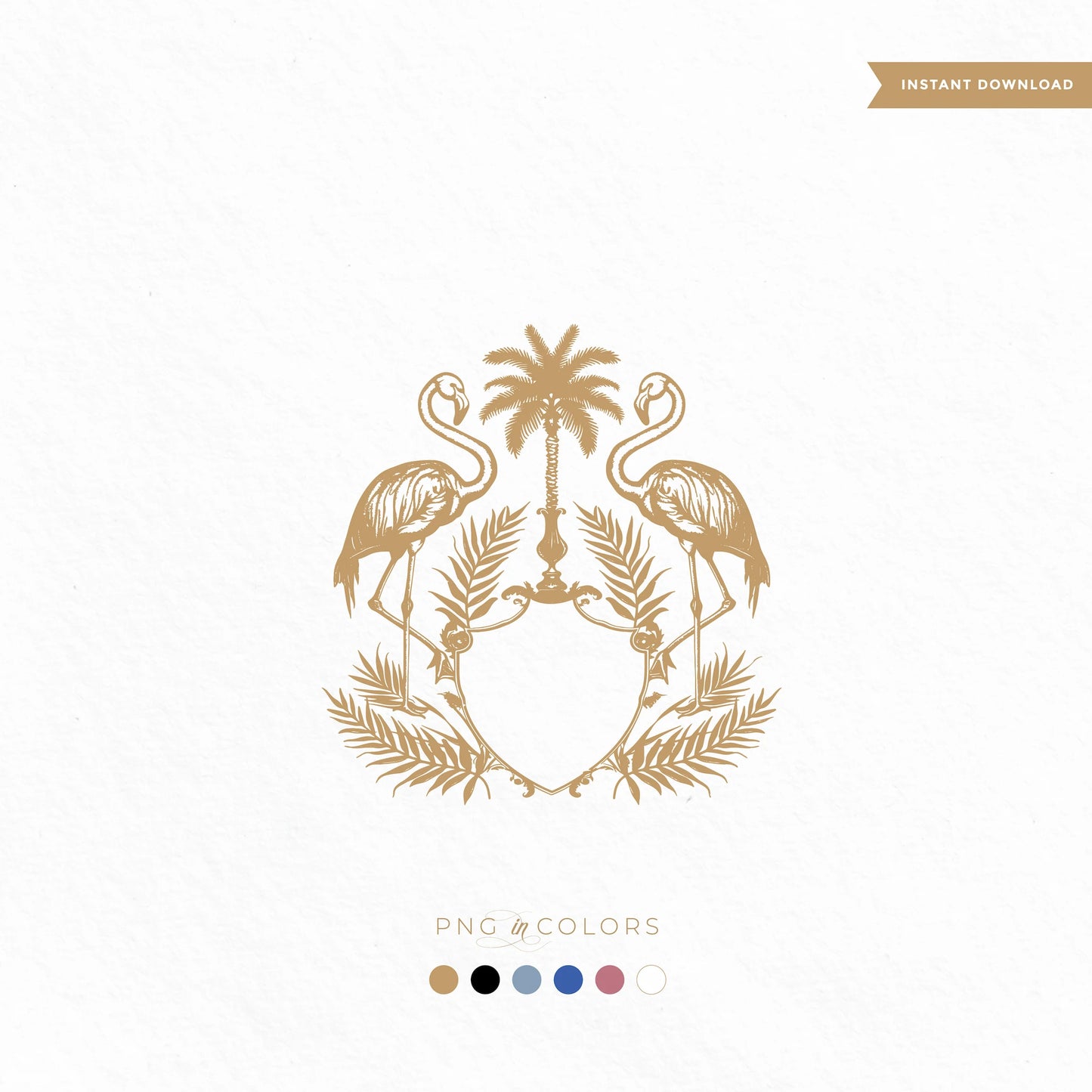 tropical flamingo crest with palm tree and vintage scrolls, designed for destination wedding logos and summer-themed stationery.

