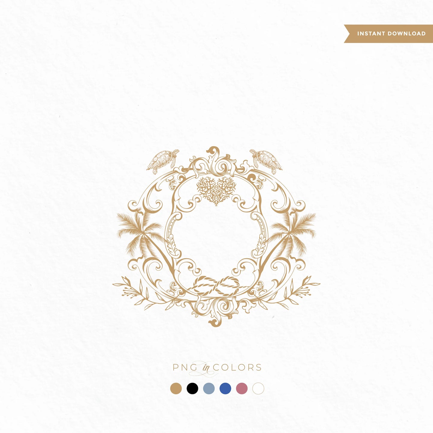 Beach wedding crest SVG with turtles, palm trees, coral scrolls — editable tropical monogram logo in gold, black, and rose gold