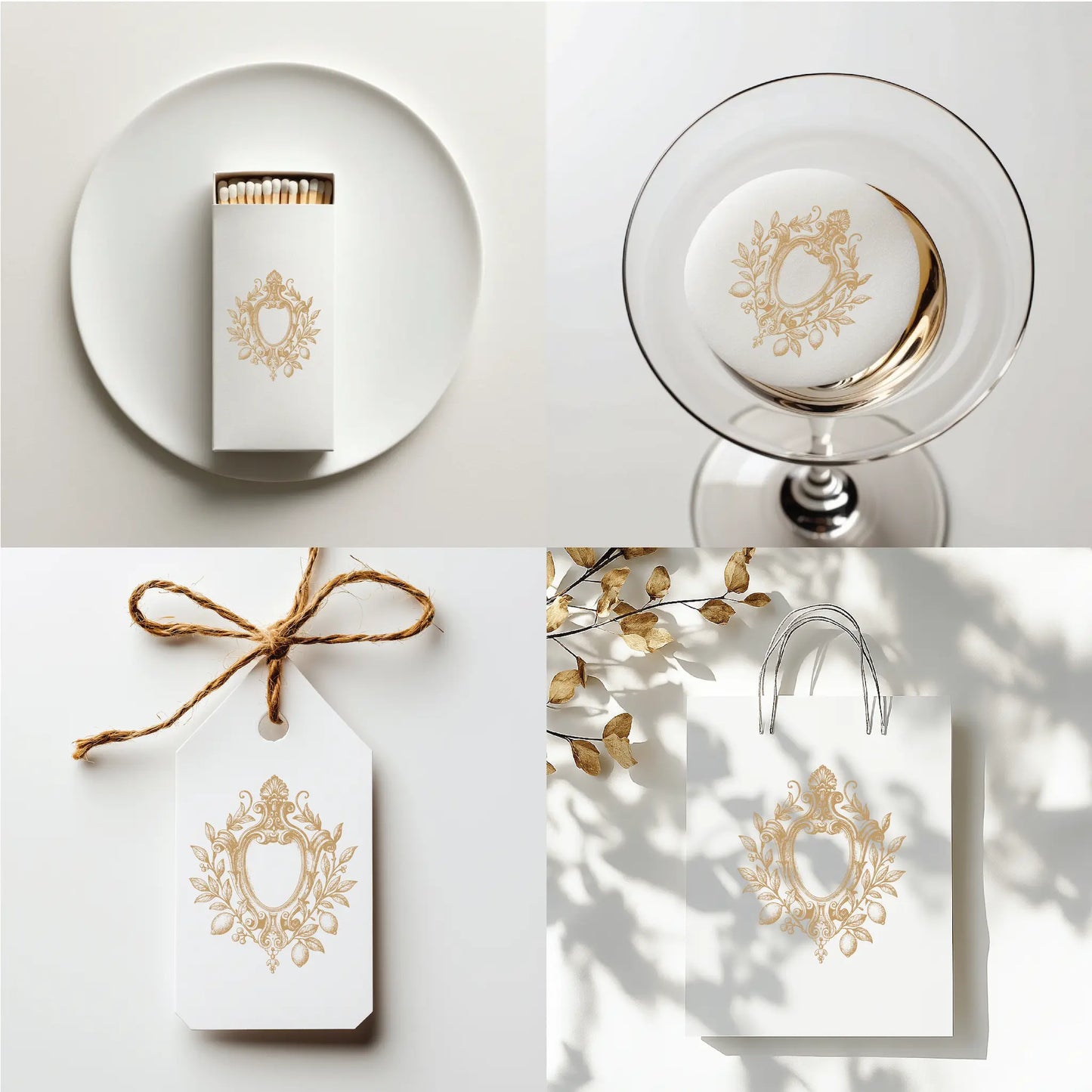 Vintage lemon crest monogram displayed on matchbox, wedding macaron topper, favor tag, and luxury gift bag — ideal for Italian-themed weddings and spring events.

