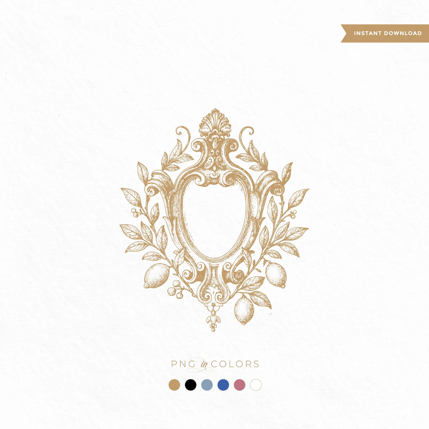 Hand-drawn lemon wedding crest SVG with ornate vintage frame and editable shield — shown in gold, black, white, dusty blue, chinoiserie blue, and rose gold PNG colors.