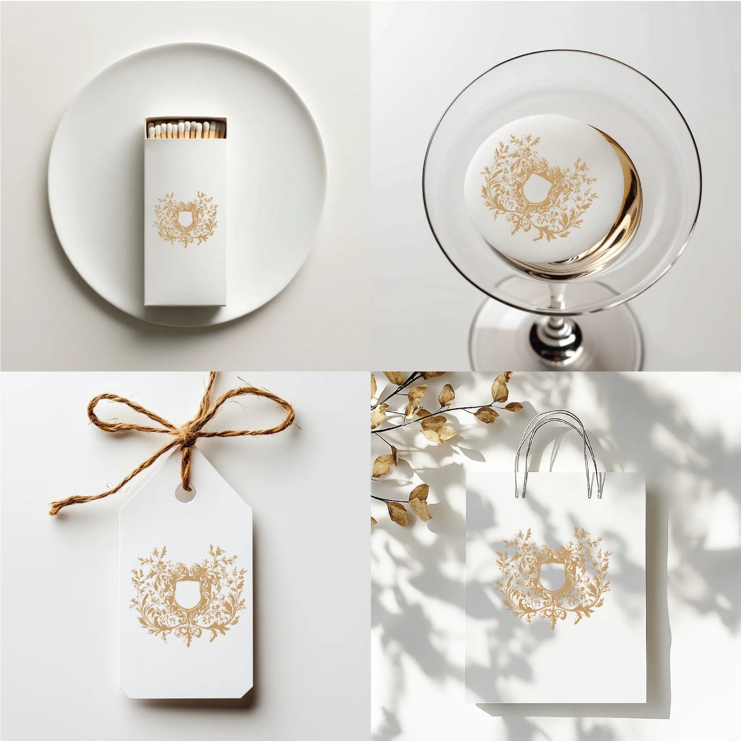 Editable rose wedding crest SVG on matchbox, coaster, favor tag, and gift bag — floral monogram for Cricut, Canva & fine art design

