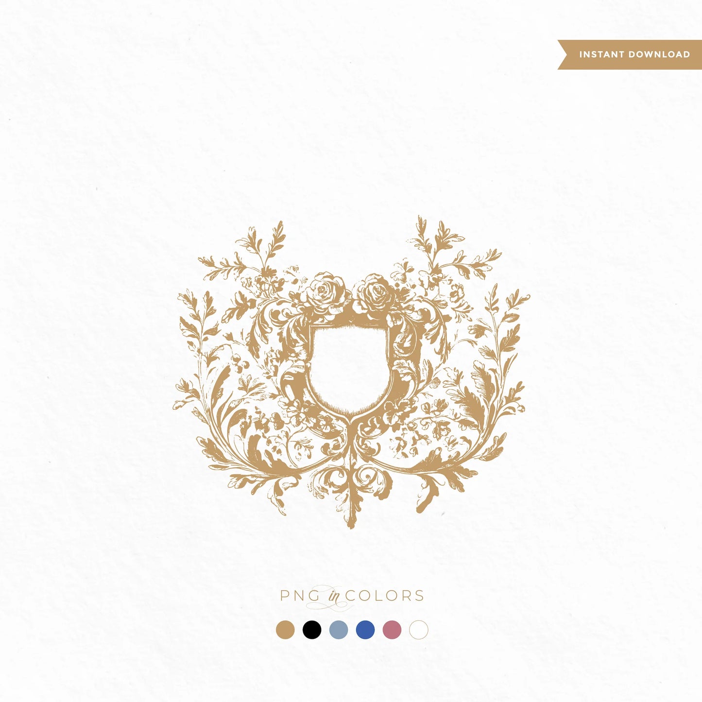 Bespoke floral crest SVG with roses and shield — vintage wedding logo in gold, black, dusty blue, rose gold, and white PNG formats