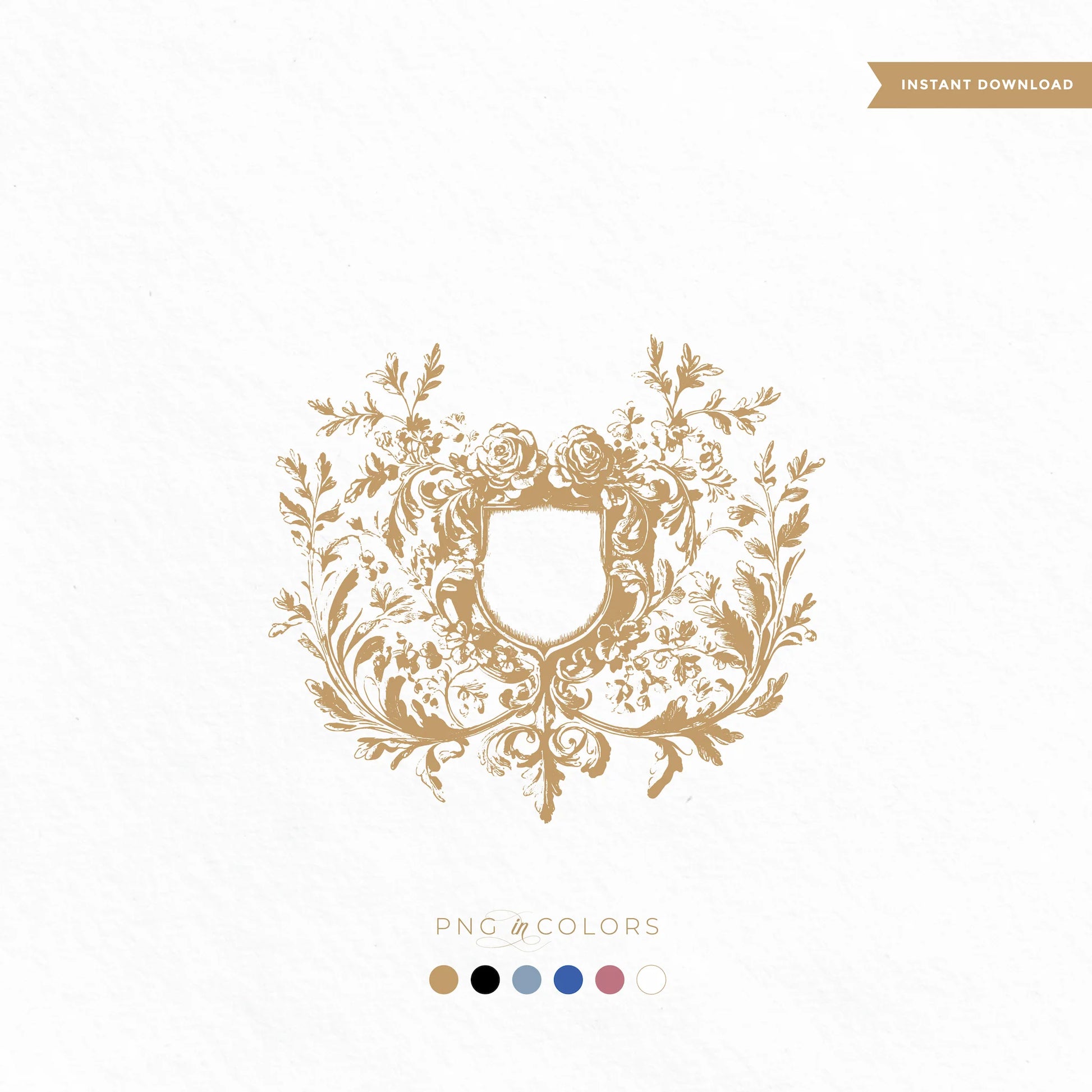 Bespoke floral crest SVG with roses and shield — vintage wedding logo in gold, black, dusty blue, rose gold, and white PNG formats