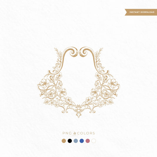 Editable boho chic wedding crest SVG with floral scrollwork and monogram space in 6 colors — digital frame logo for romantic paper goods and branding

