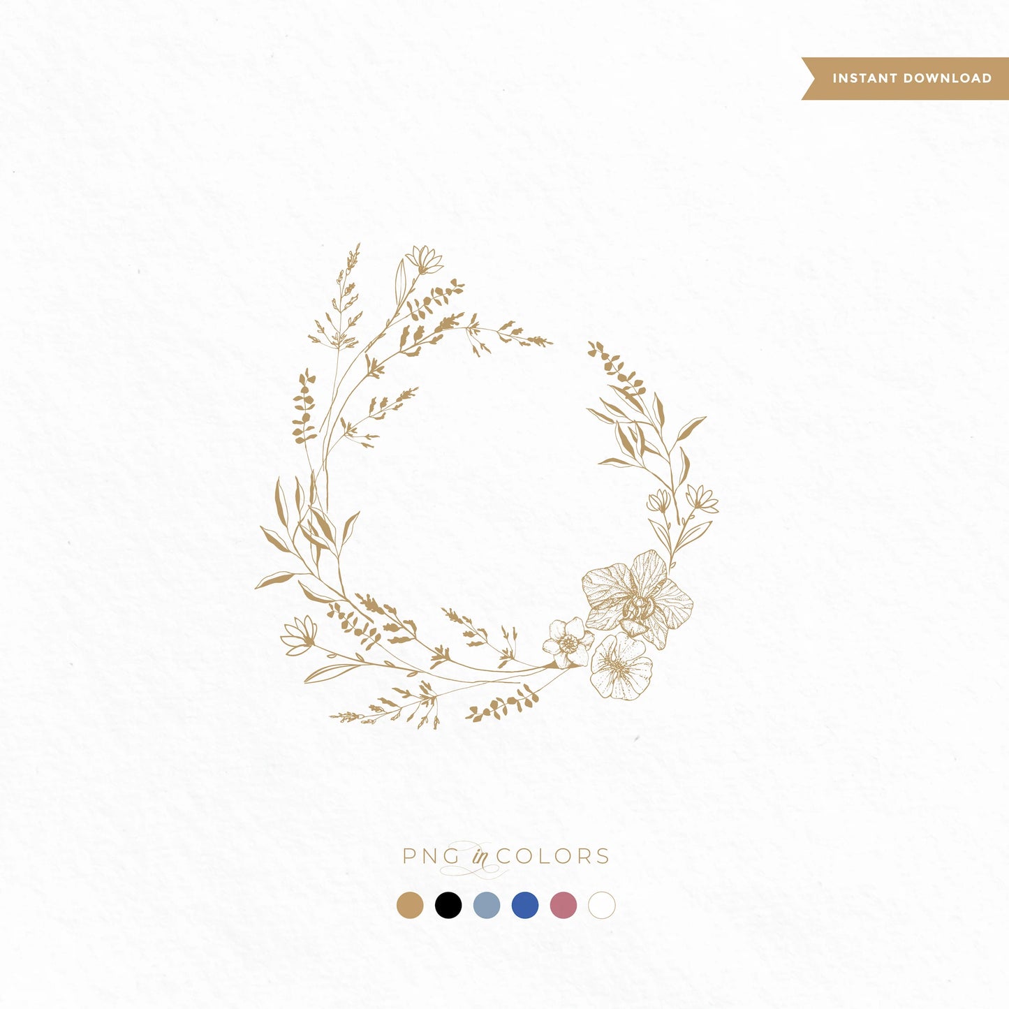 Editable boho floral wreath wedding logo with hand-drawn flowers – fine art monogram design in 6 PNG colors and SVG format